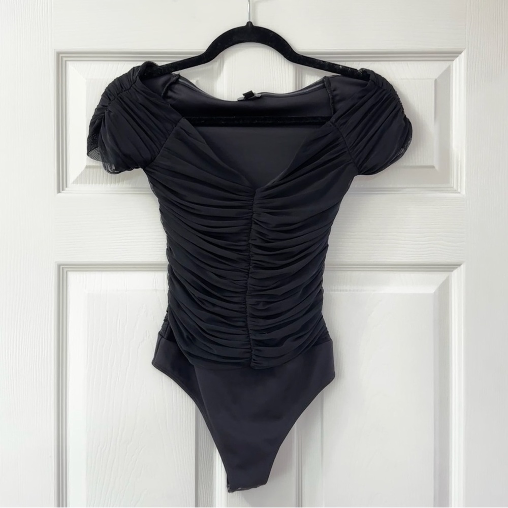 Express Body Contour Mesh Off The Shoulder Thong Bodysuit. Small